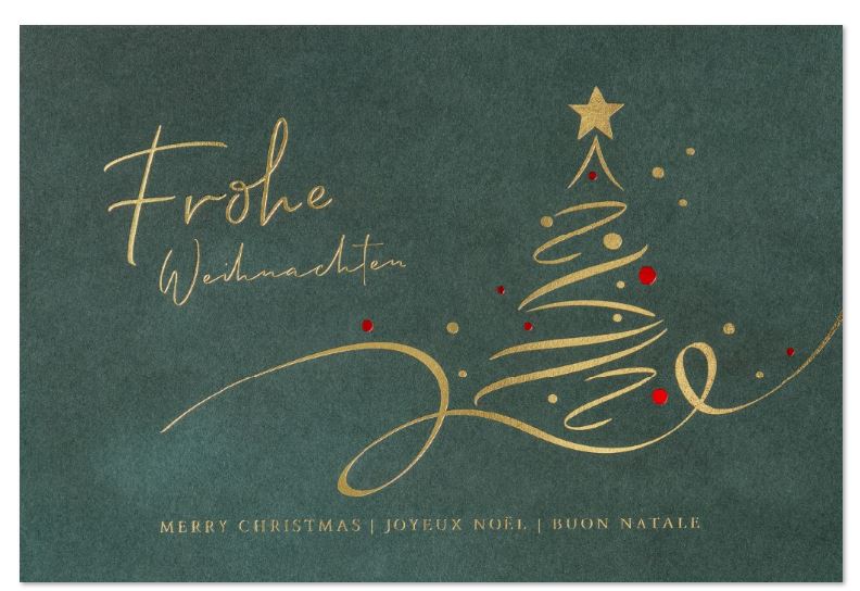 Edle Weihnachtsgrußkarte "Green Christmas" mit internationalen Weihnachtsgrüßen und Foliendruck in gold und rot