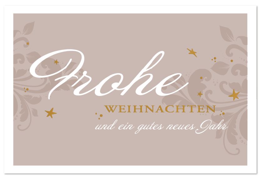 Klassische Weihnachtskarte "Festlicher Gruß" in Taupe mit Veredelung in Gold und Ornamentverzierung