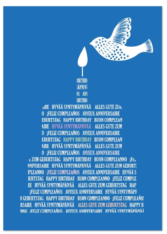Internationale Geburtstagskarte "Friedenswunsch" in blau mit weißer Taube und Kerze