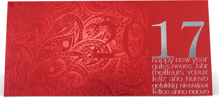 Neujahrskarte rot mit rotem Ornament international mit silberner Jahreszahl 2017