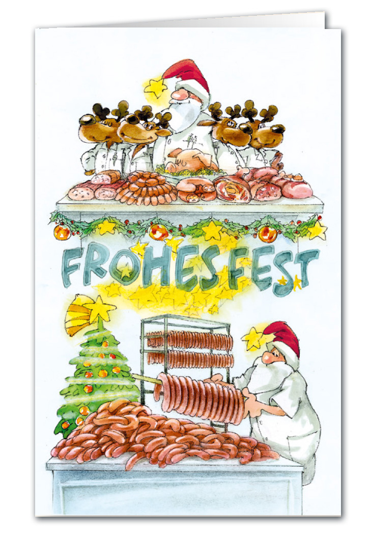 Weihnachtskarte Branchenkarte Fleischwaren Wurstwaren Metzgerei Frohes Fest