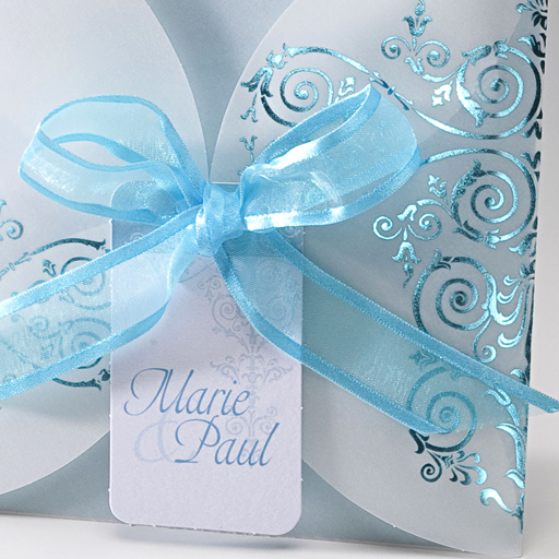 Einladungskarte weiß metallic azur Ornament Transparentpapier