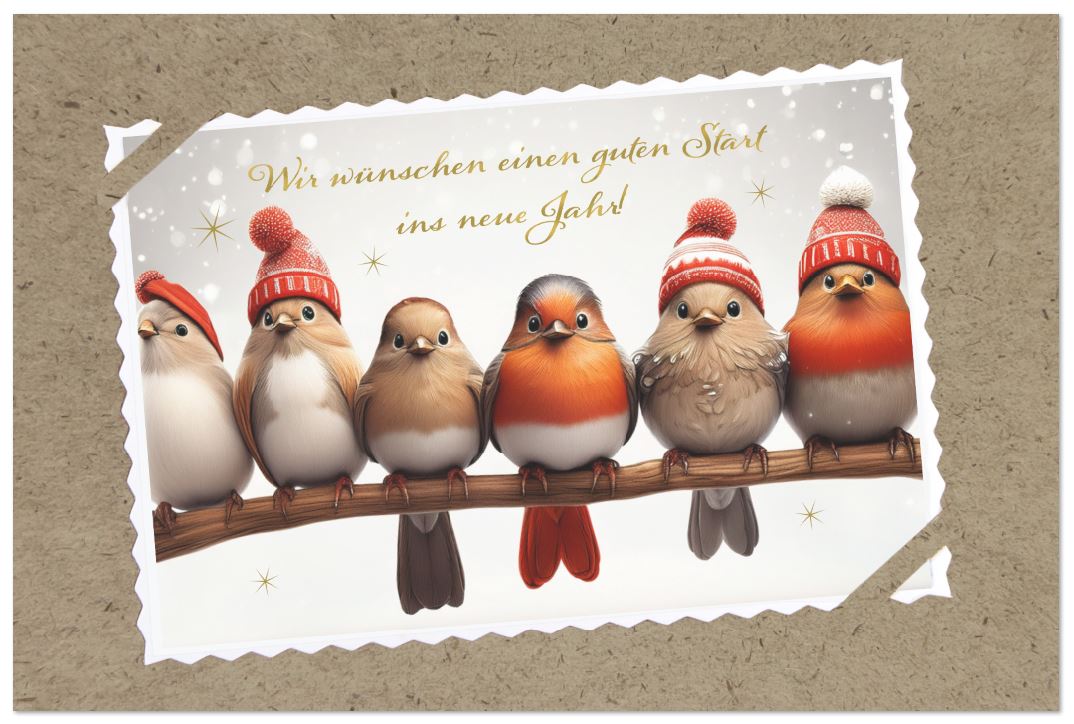 Niedliche Neujahrsgrußkarte mit Vögeln auf einem Ast im Natur-Look, inkl. Falteinleger innen
