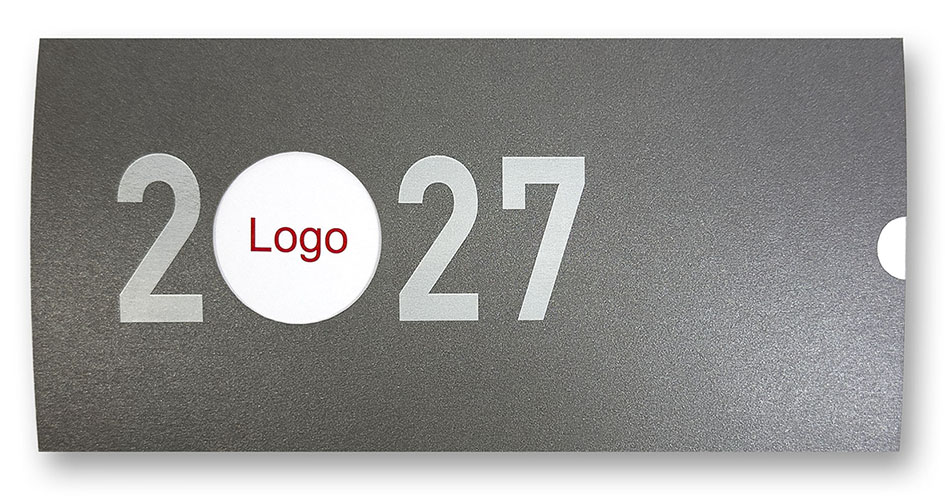 Neujahrskarte anthrazit Metallic Schiebekarte für Jahreswechsel 2026 - 2027 mit Logo-Fenster