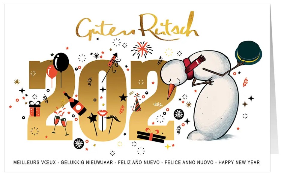 Weihnachtskarte "Goldener Rutsch" mit goldenem Schriftzug, niedlichem Schneemann und Party Symbolen