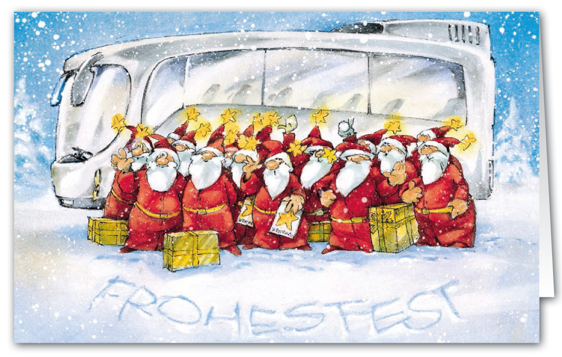 Weihnachtskarte als Branchenkarte für Busreisen oder Tourismus mit Reisebus und Weihnachtsmännern