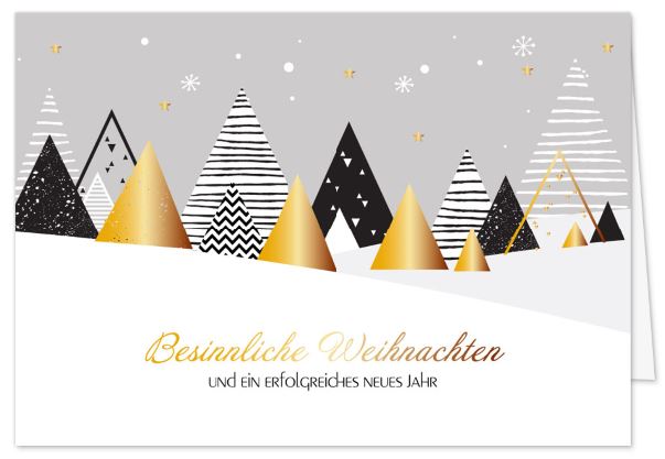 Firmen-Weihnachtskarte "Mustermix" mit Tannenwald und geschäftlichen Weihnachtsgrüßen