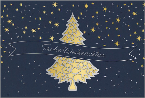 Blaue Laser-Weihnachtskarte "Zauberhafte Weihnachten" mit Weihnachtsgruß, Baum und vielen Sternen, Einleger: gold