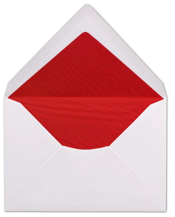Briefumschlag DIN C6, 16,2 x 11,4 cm, nassklebend, 100g, weiß gefüttert mit rotem Seidenpapier