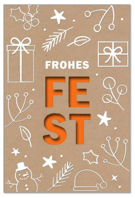 Gestanzter Festgruß mit weiß geprägten Winter-Doodles und Spende zugunsten dem Deutschen Kinderhilfswerk e.V., Einleger orange