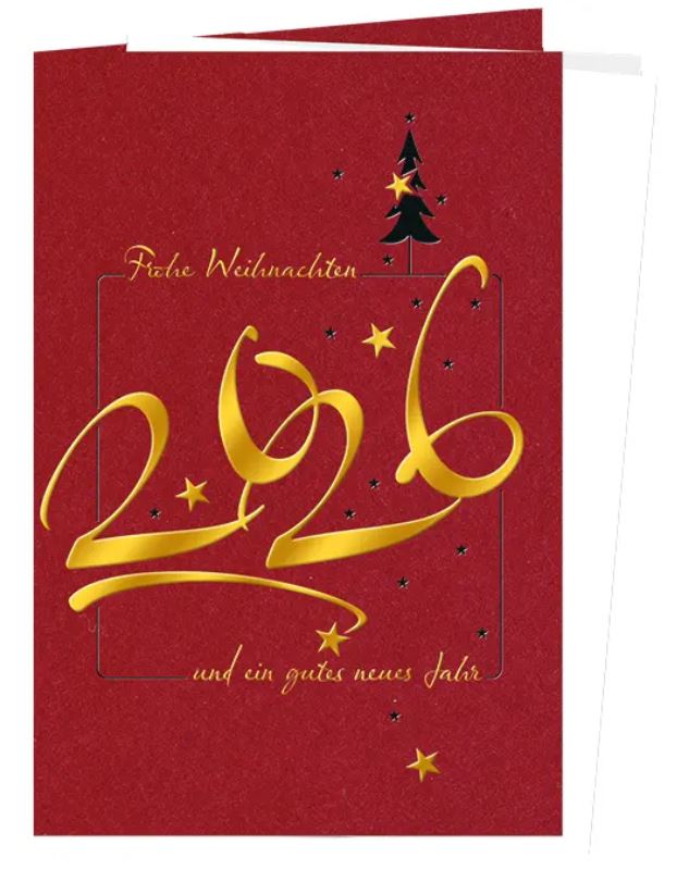 Rote Weihnachtskarte "Schwungvolle Jahreszahl" mit Weihnachts- und Neujahrsgruß in Goldfolienprägung