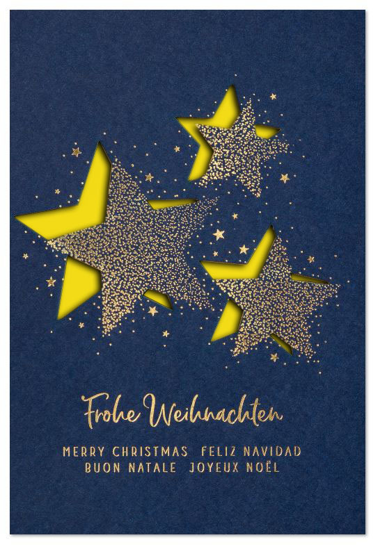 Festliche Laser-Weihnachtskarte mit internationalen Grüßen und Sternen in Goldprägung und Stanzung, Einleger gelb