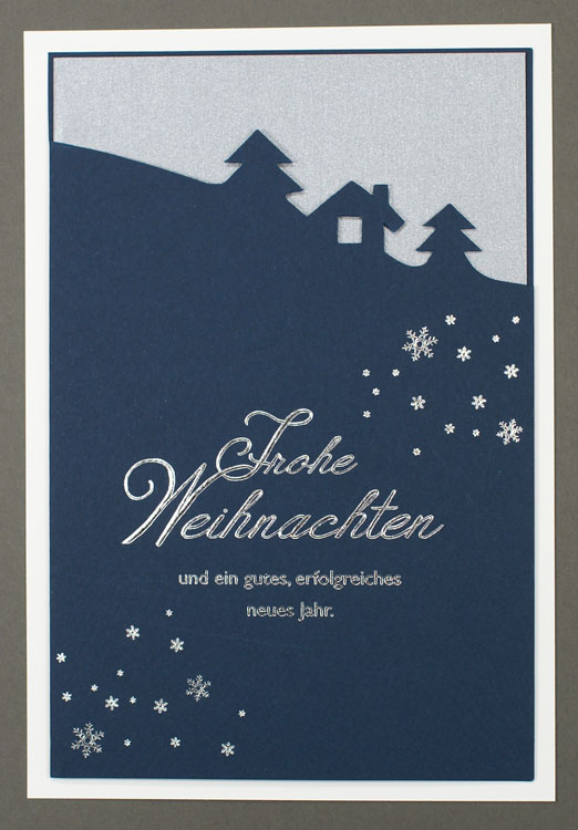 Weihnachtskarte dunkelblau silbergrau mit Konturstanzung