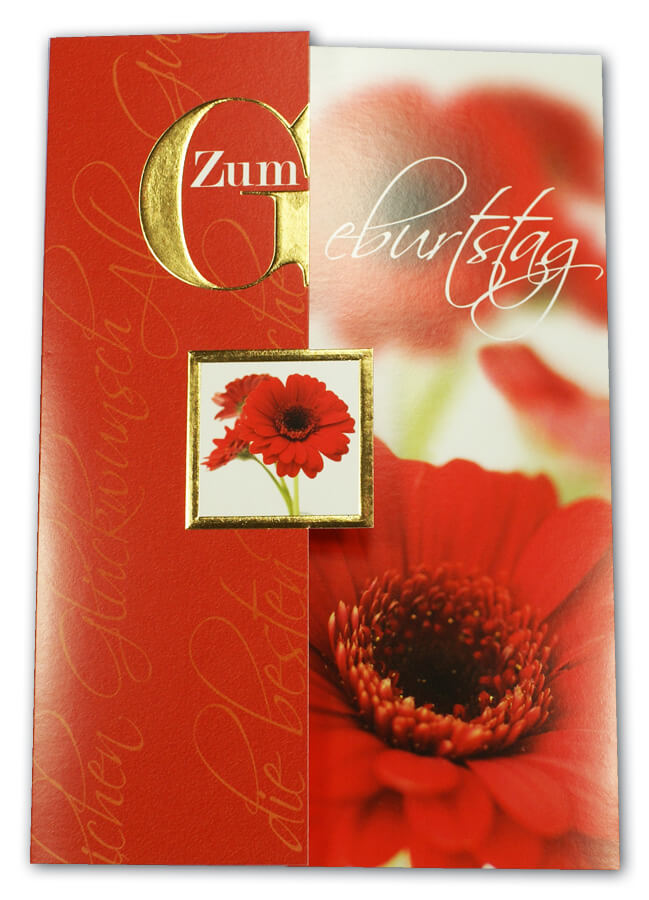 Glückwunschkarte zum Geburtstag in rot mit Blumen-Blüten und Goldfolienprägung