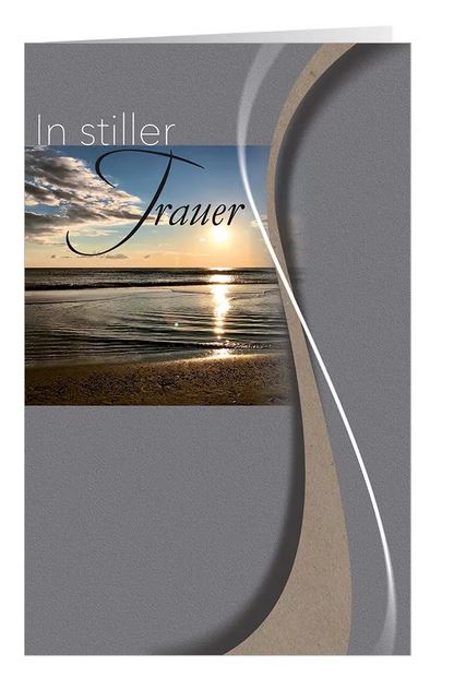 Trauerkarte mit Sonnenuntergang am Meer, grafisches Design in Grau mit Wellenlinie, Text In stiller Trauer