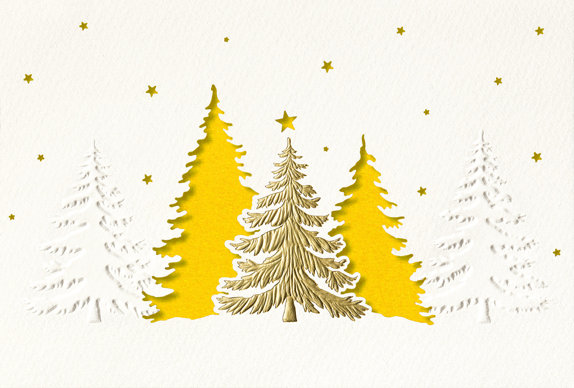 Weiße Weihnachtskarte mit Stanzung, Blindprägung und goldenem Foliendruck, Einleger gelb