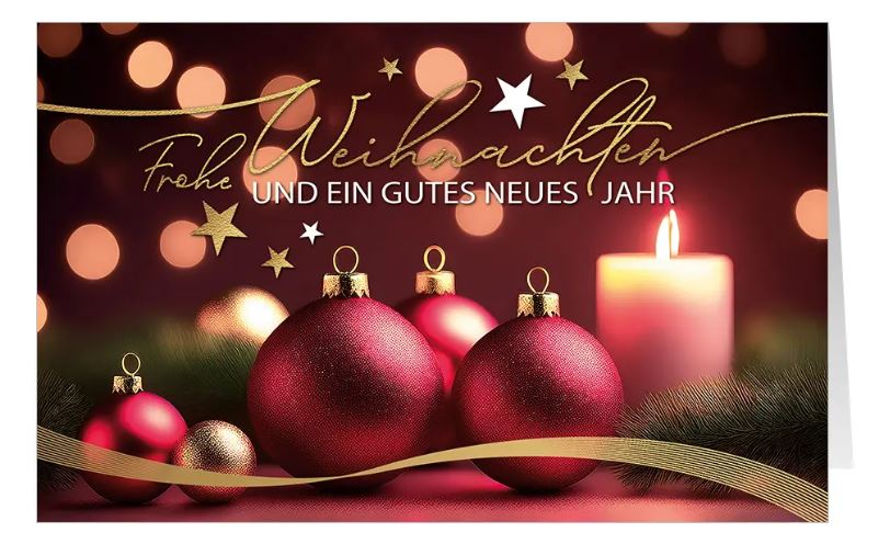 Klassische Weihnachtskarte "Warmer Kerzenschein" mit Gruß, roten Christbaumkugeln und brennender Kerze