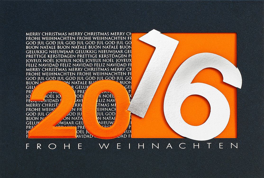 Weihnachtskarte nachtblau orange mit großer Jahreszahl 2016