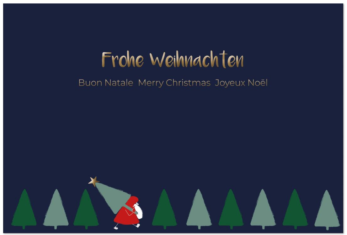 Fröhliche Weihnachtskarte mit internationalen Grüßen und dem Weihnachtsmann mit Tannenbaum