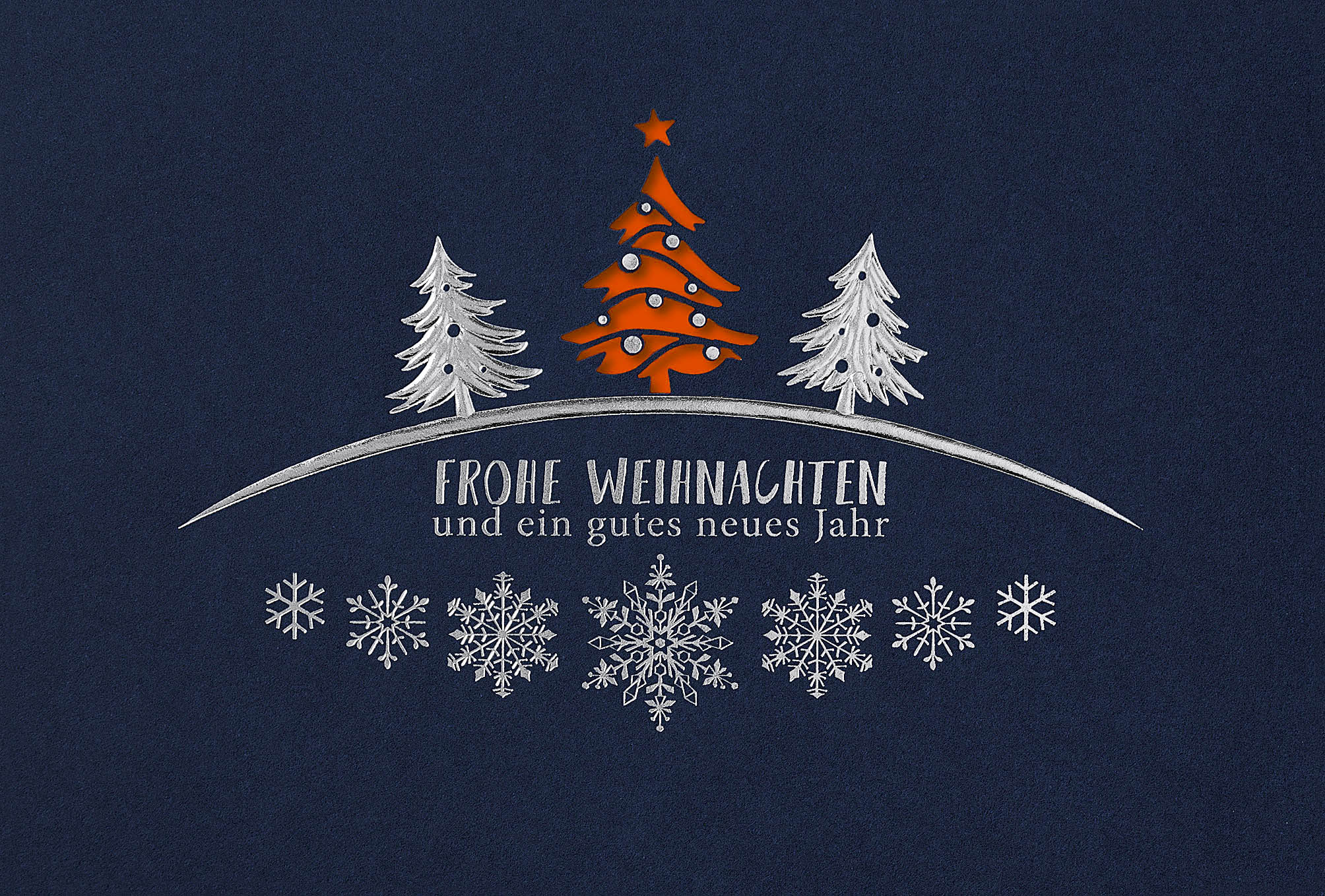 Dunkelblaue Weihnachtskarte mit Formstanzung und silberner Folienprägung mit Einleger in orange