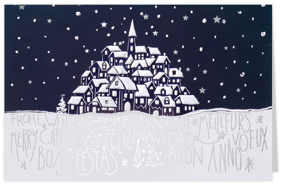 Weihnachtskarte mit verschneitem Dorf im Nachthimmel Schneefall