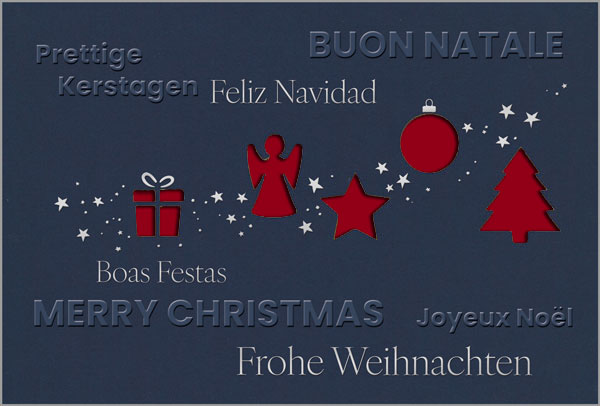 Mehrsprachige Weihnachtskarte mit Formstanzung, Prägung und Einlegeblatt in dunkelrot