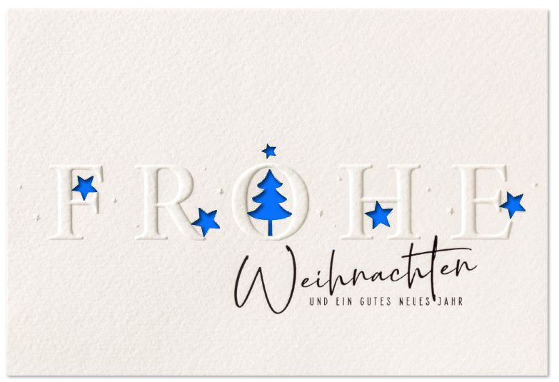 Weihnachtskarte weiß mit Laserstanzung von Baum und Sternen sowie Einleger in blau