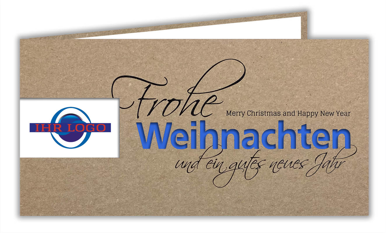 Naturbraune Weihnachtskarte aus Kraftkarton mit Firmen-Logo Stanzung und Schriftzug "Weihnachten" in blau