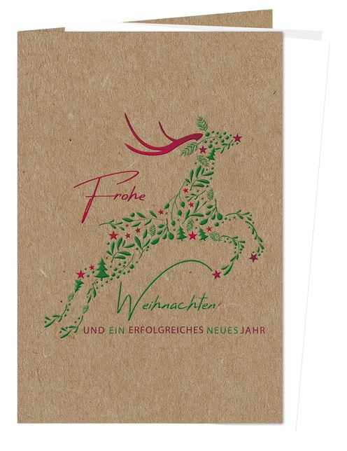 Naturbraune Weihnachtskarte "It`s Christmas" mit springendem Hirsch und Gruß in Rot- und Grünfolienprägung
