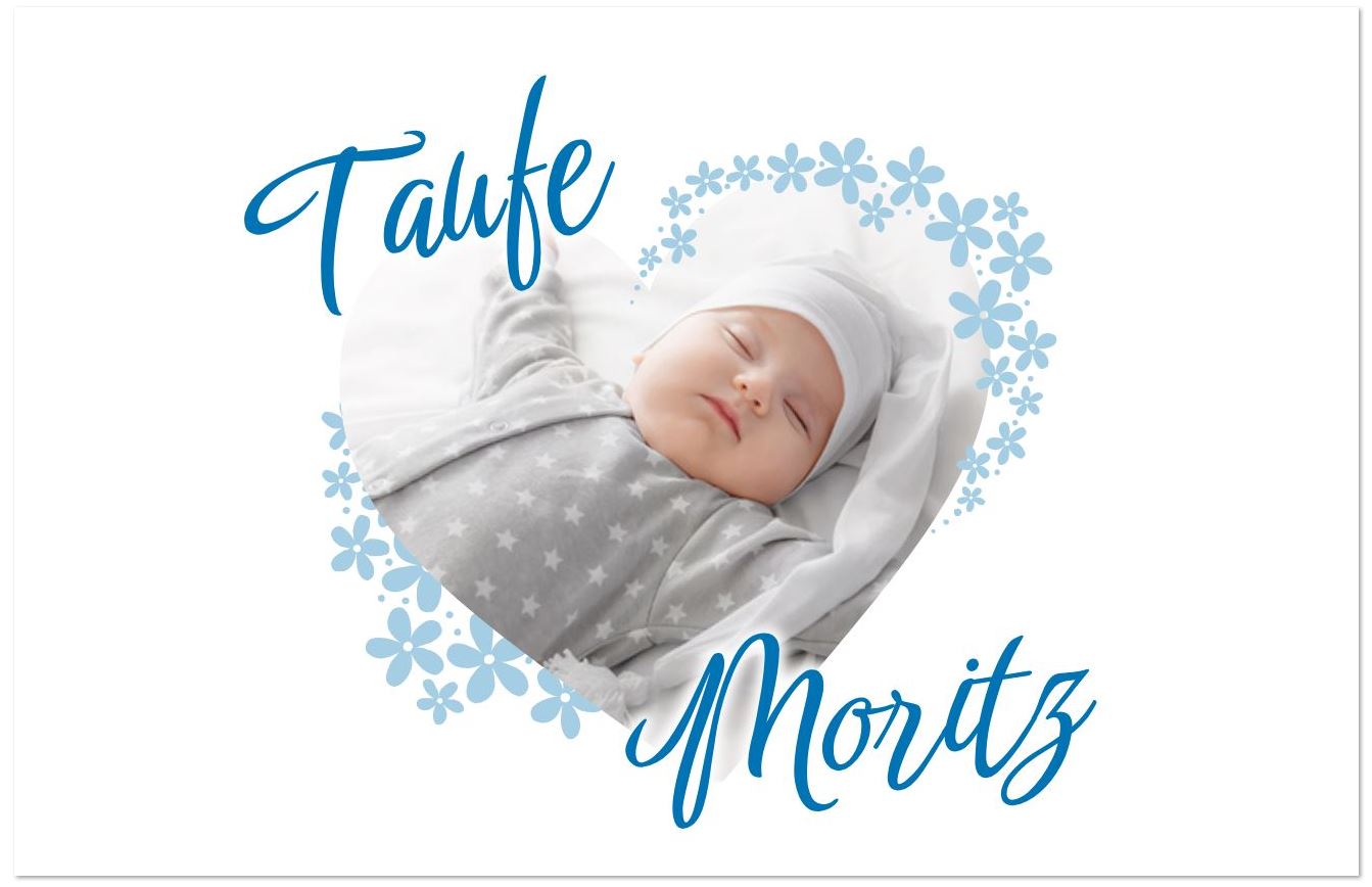 Foto-Einladungskarte zur Taufe eines Jungen, mit Blüten in hellblau und Fotorahmen individuell gestalten