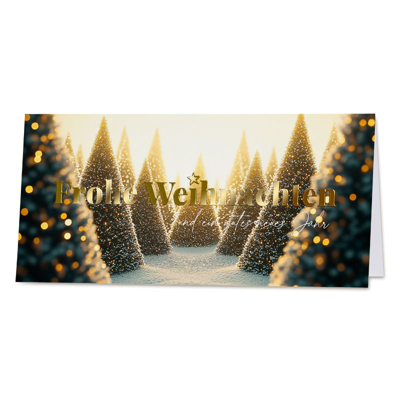 Weihnachtliche Grußkarte DIN lang mit Goldfolienprägung, Glanzlackierung und Bokeh-Effekt