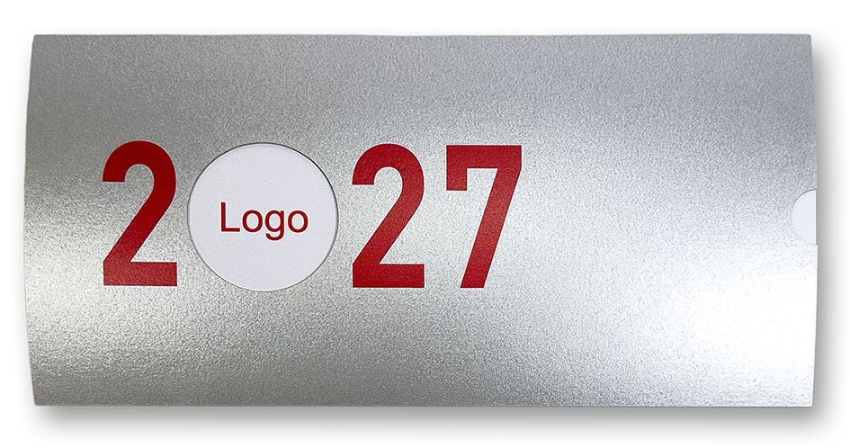 Silberne Neujahrskarte Metallic-Karton Schiebekarte für Jahreswechsel 2026 - 2027 mit Logo-Fenster