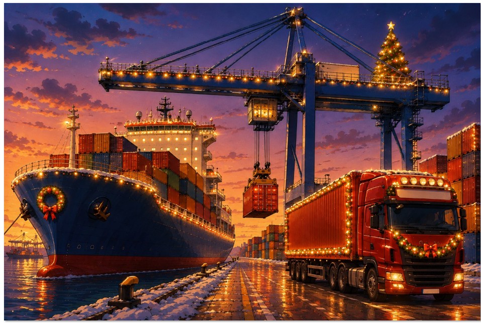 Weihnachtskarte "Romantik am Containerhafen" für Reederei, Container-, Logistik- und Speditionsunternehmen