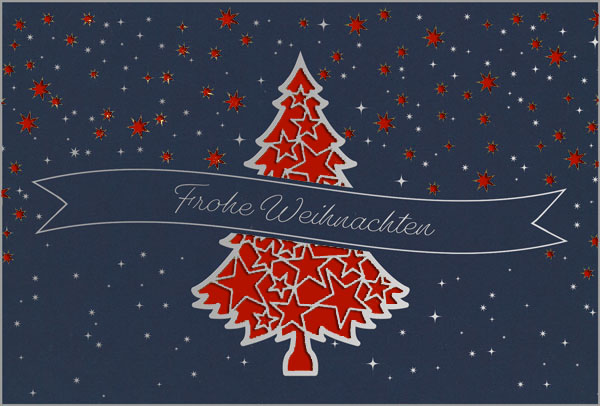 Festlicher Weihnachtsgruß in blau mit silberner Prägung, Baum und Sternen sowie Einlegeblatt in dunkelrot