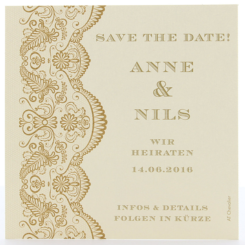 2 Save the date o. Zusatzeinladungs Karten cremegold f. Hochzeit