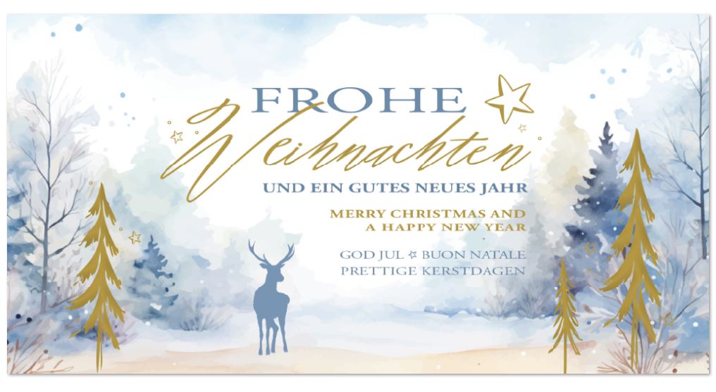 Zauberhafte Weihnachtskarte mit internationalen Grüßen und prächtigem Hirsch im Wald, DIN lang