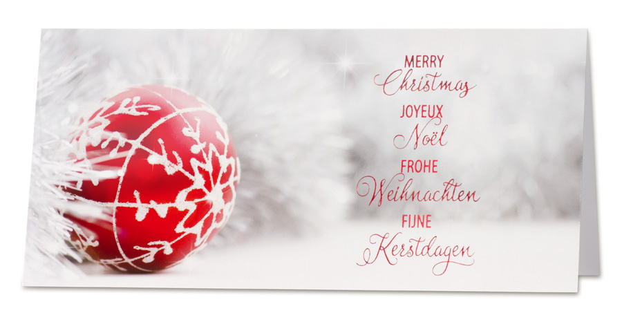 Weihnachtskarte weiß mit roter Weihnachtskugel und rotem Folientext