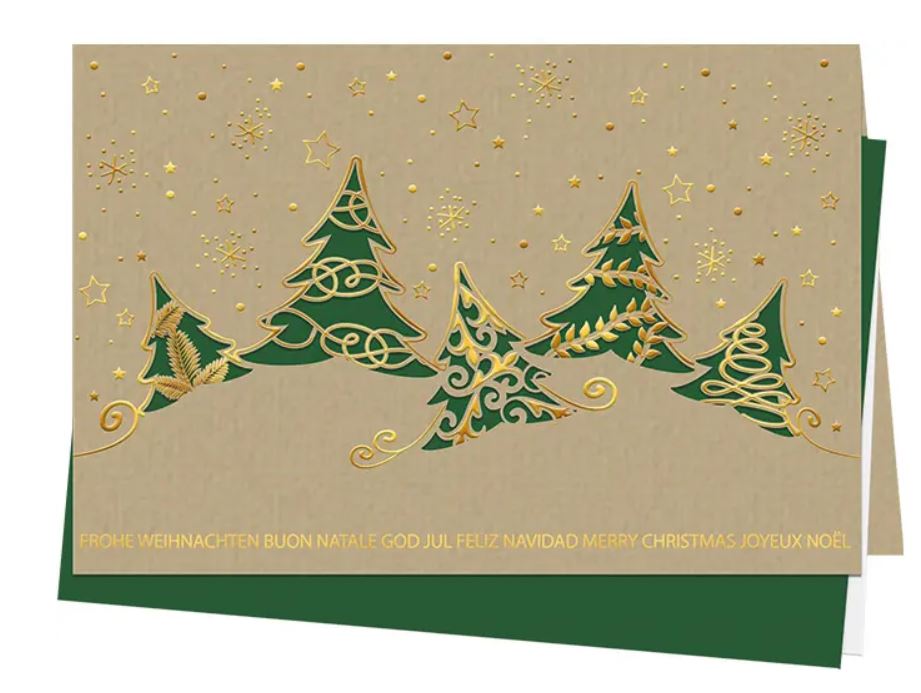 Mehrsprachige Weihnachtskarte "Tannenglanz" braun mit Laserstanzung und Goldfolienprägung, Einleger grün