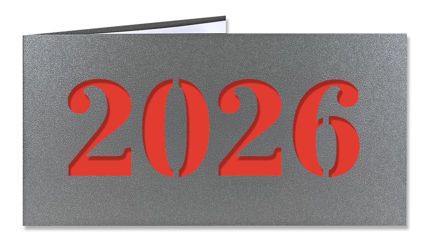 Neujahrskarte anthrazitgrau metallic mit Laserstanzung 2026 und rotem Einlegeblatt