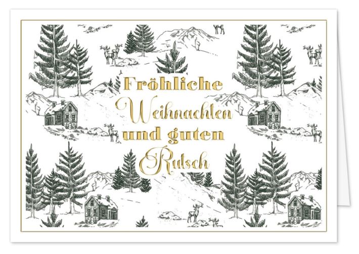 Winterliche Weihnachtskarte „Bergidylle“ in Weiß mit nostalgischer Bergkulisse und Foliendruck in Gold