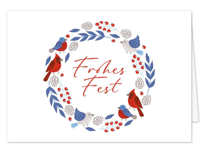 Weihnachtskarte „Frohes Fest im Winterkranz“ in Weiß mit bunten Vögeln, Beeren und Tannenzapfen