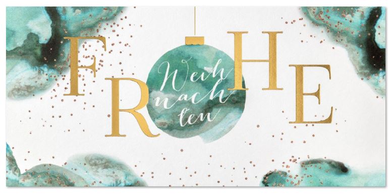 Weihnachtskarte "Aquarel-Glanz" mit Weihnachtskugel, Weihnachtsgruß und Goldfolienprägung, DIN lang