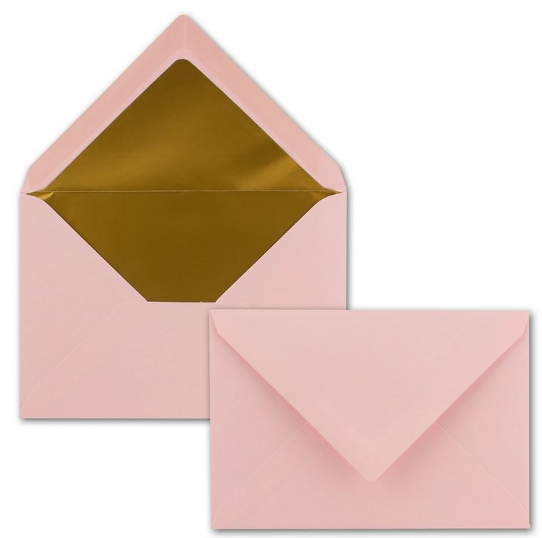 Briefumschlag DIN C6, 16,2 x 11,4 cm, nassklebend, 120g, rosa mit goldenem Innenfutter