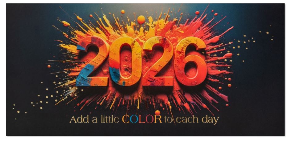 Moderne Neujahrskarte "Farbexplosion" mit Jahreszahl 2026, DIN lang