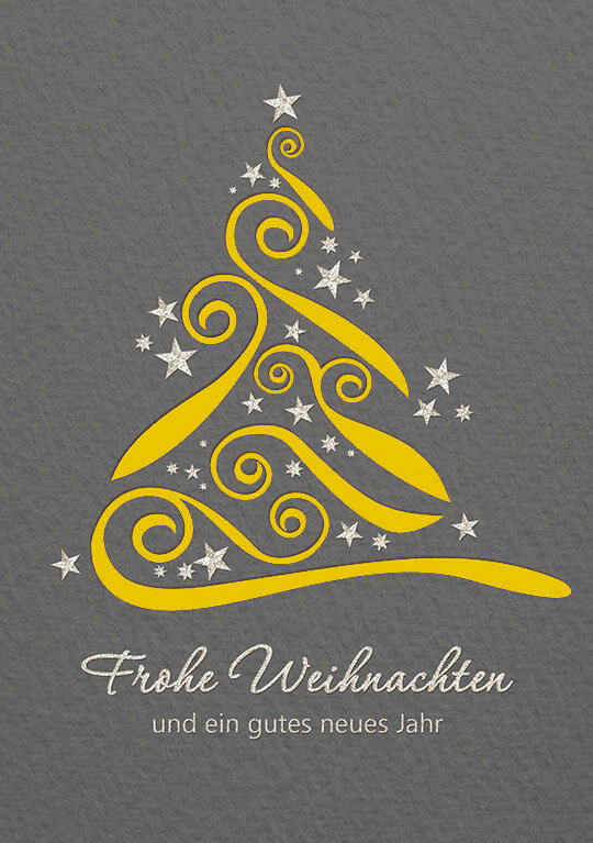 Weihnachtskarte in grau mit gelbem Einleger zugunsten Deutsche Kinderkrebsstiftung
