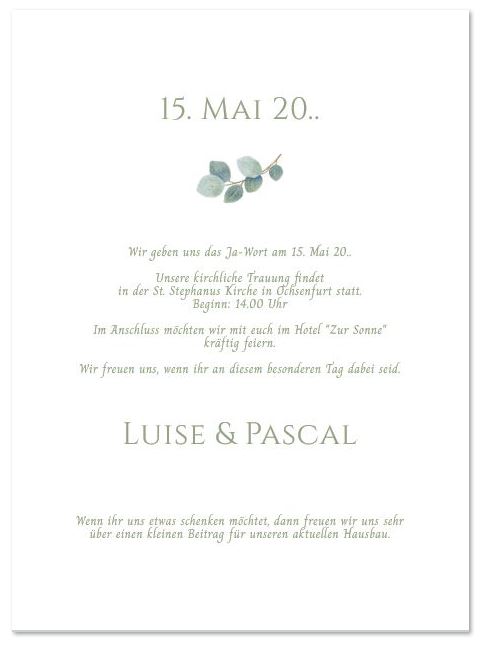 Einladungskarte zur Hochzeit "Botanical" in weiß mit Eukalyptusblättern im Aquarell-Design