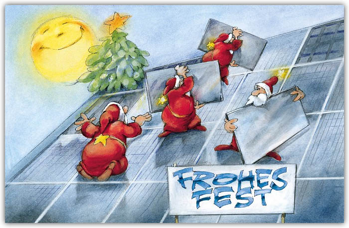 Weihnachtskarte mit buntem Farbdruck als Branchenkarte für Solartechnik und Photovoltaik
