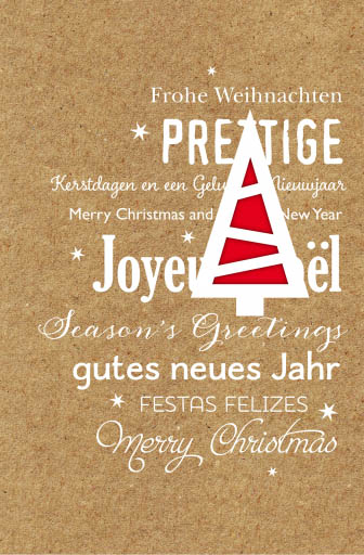 Weihnachtskarte braun mit internationalen Wünschen Einleger rot