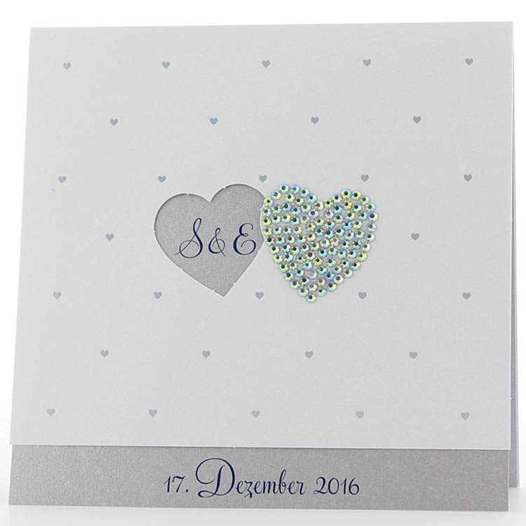 Hochzeitskarte Herz aus Strasssteinchen + silbernes Einlegeblatt