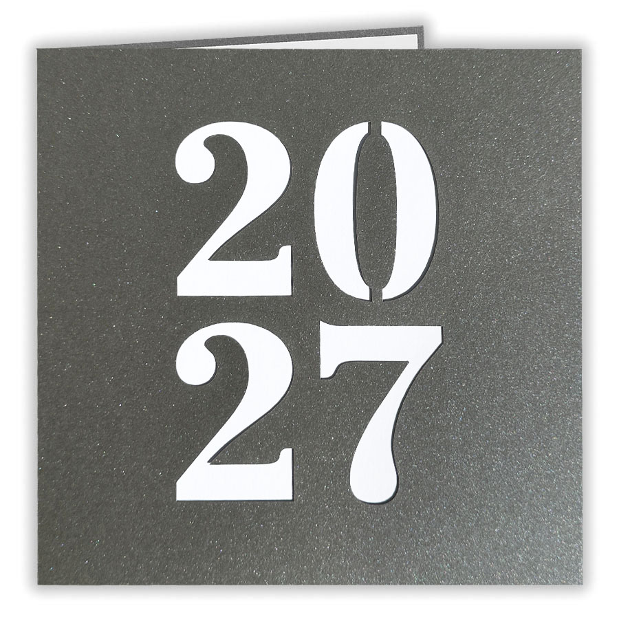 Graue Metallic-Neujahrskarte mit Laserstanzung 2027 und weißem Einlegeblatt